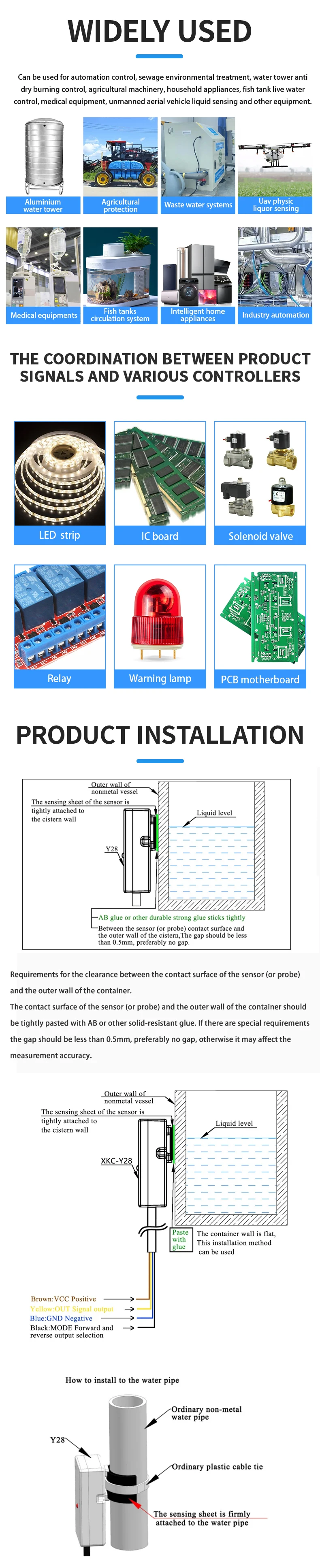 5/12/24V XKC-Y28 Capacitive Liquid&Water Level Sensor for 11mm+Diameter Tubes Pipelines & 0-20mm Thickness Flat Tanks Containers