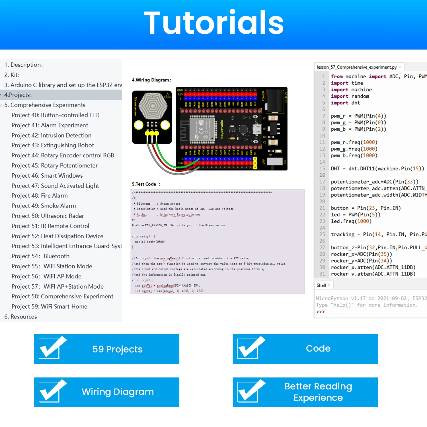 Keyestudio ESP32 RFID 37 in 1 Sensor Kit with ESP32 Board For Arduino STEM Electronic DIY Kit For Adults Programming(59Projects) Keyestudio ESP32 RFID 37 in 1 Sensor Kit with ESP32 Board For Arduino STEM Electronic DIY Kit For Adults Programming(59Projects)