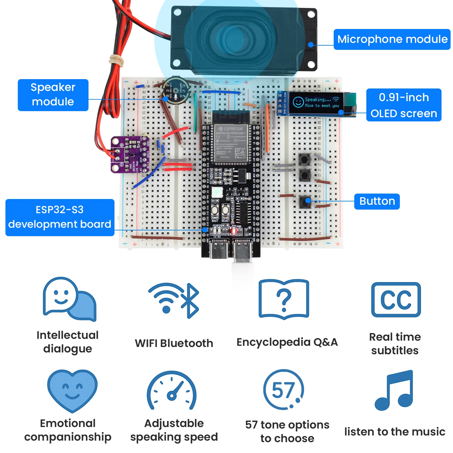 Keyestudio Xiao Zhi AI Chatbot Breadboard DIY Kit For ESP32 S3 N16R8 Control Board DIY Emotional Communication Learning Kit