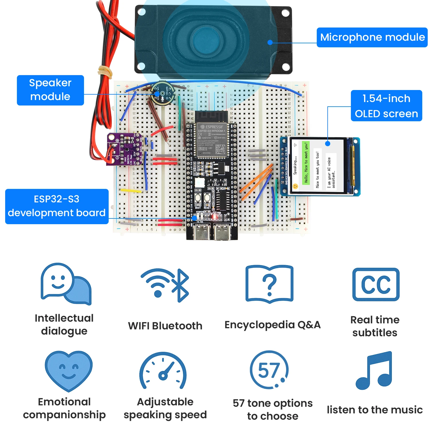 Keyestudio Xiao Zhi AI Chatbot Breadboard DIY Kit For ESP32 S3 N16R8 Control Board DIY Emotional Communication Learning Kit