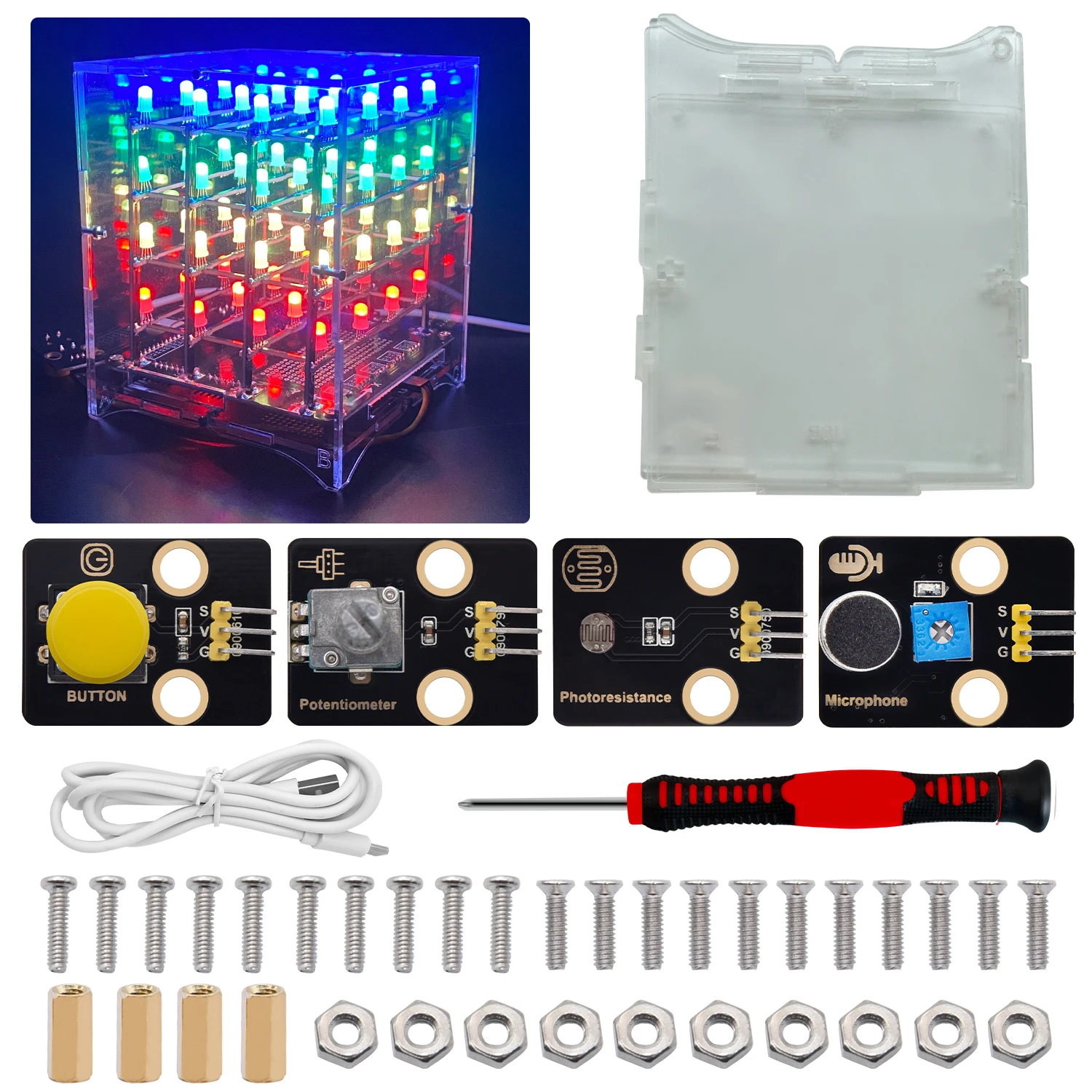 Keyestudio 4x4x4 DIY RGB LED Cube Electronic Kit For Arduino Leonardo Support Scratch Programming Potentiometer Voice Control Keyestudio 4x4x4 DIY RGB LED Cube Electronic Kit For Arduino Leonardo Support Scratch Programming Potentiometer Voice Control