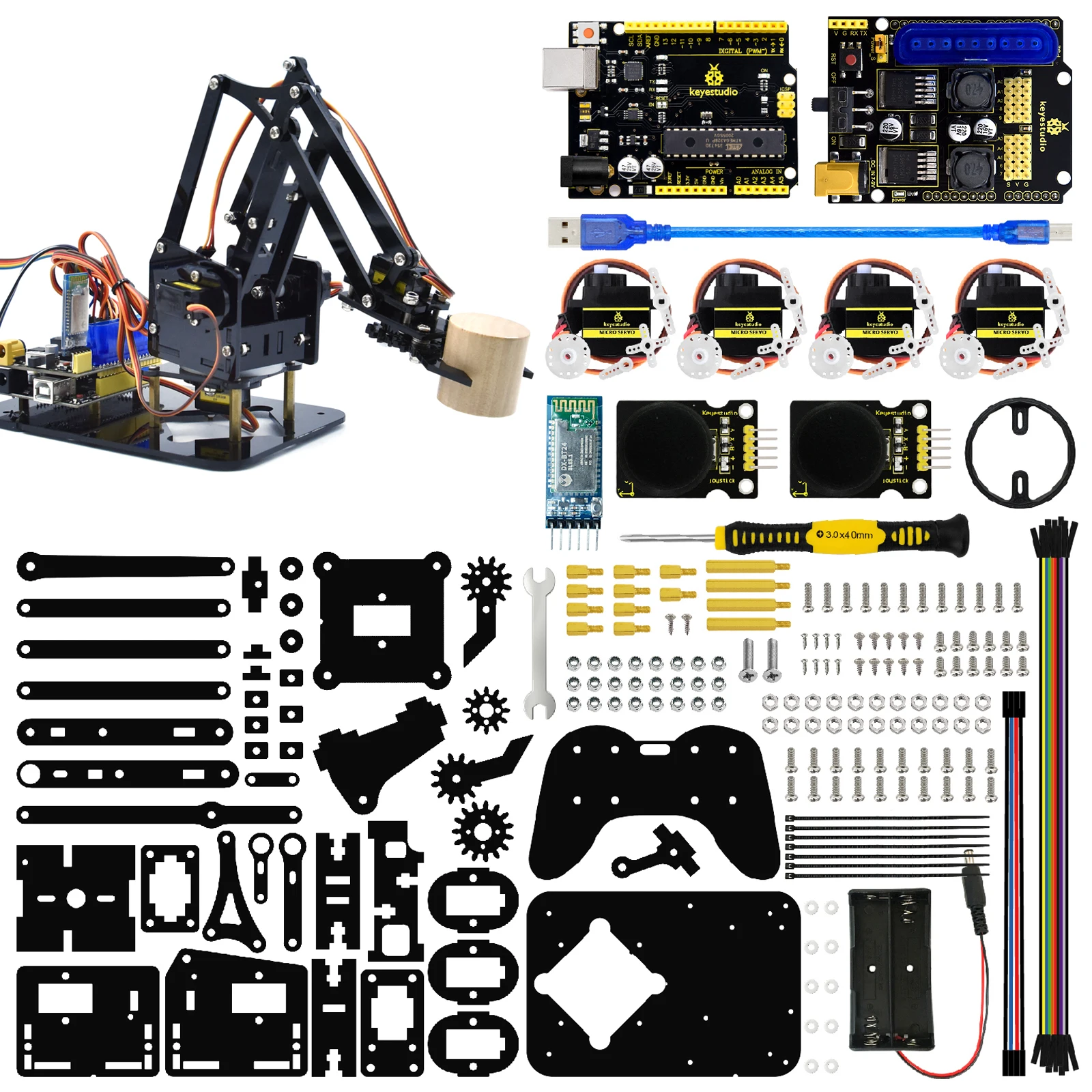 Keyestudio 4DOF Robot Arm Kit Robot Pack Acrylic PS2 Mechanical Claw Toys for Arduino Robot Arm Kit DIY Robot STEM Programming