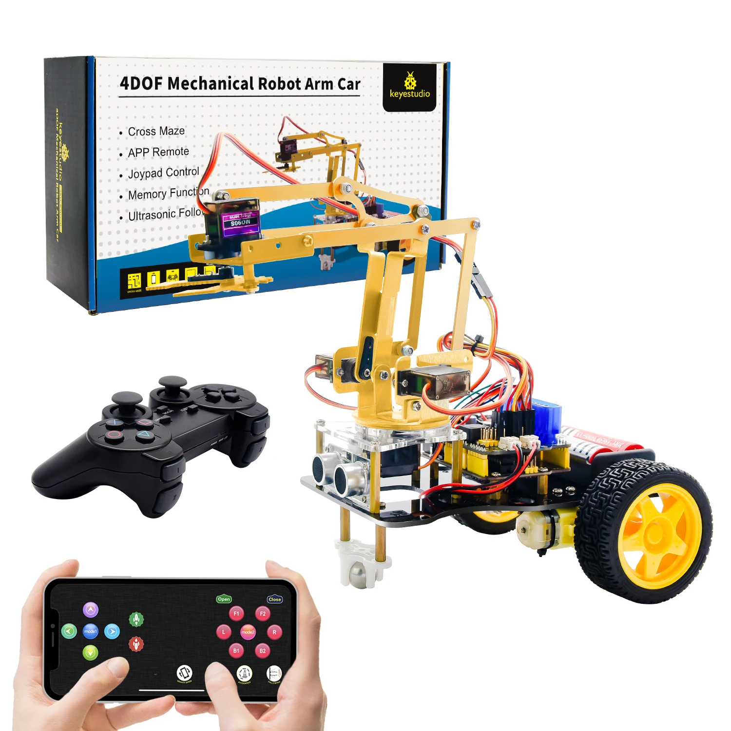 Keyestudio Complete 4DOF Metal Arm Robot Car Kit W/PS2 Contoller Bluetooth-compatible Kit for Arduino Robot Support Android &IOS Keyestudio Complete 4DOF Metal Arm Robot Car Kit W/PS2 Contoller Bluetooth-compatible Kit for Arduino Robot Support Android &IOS