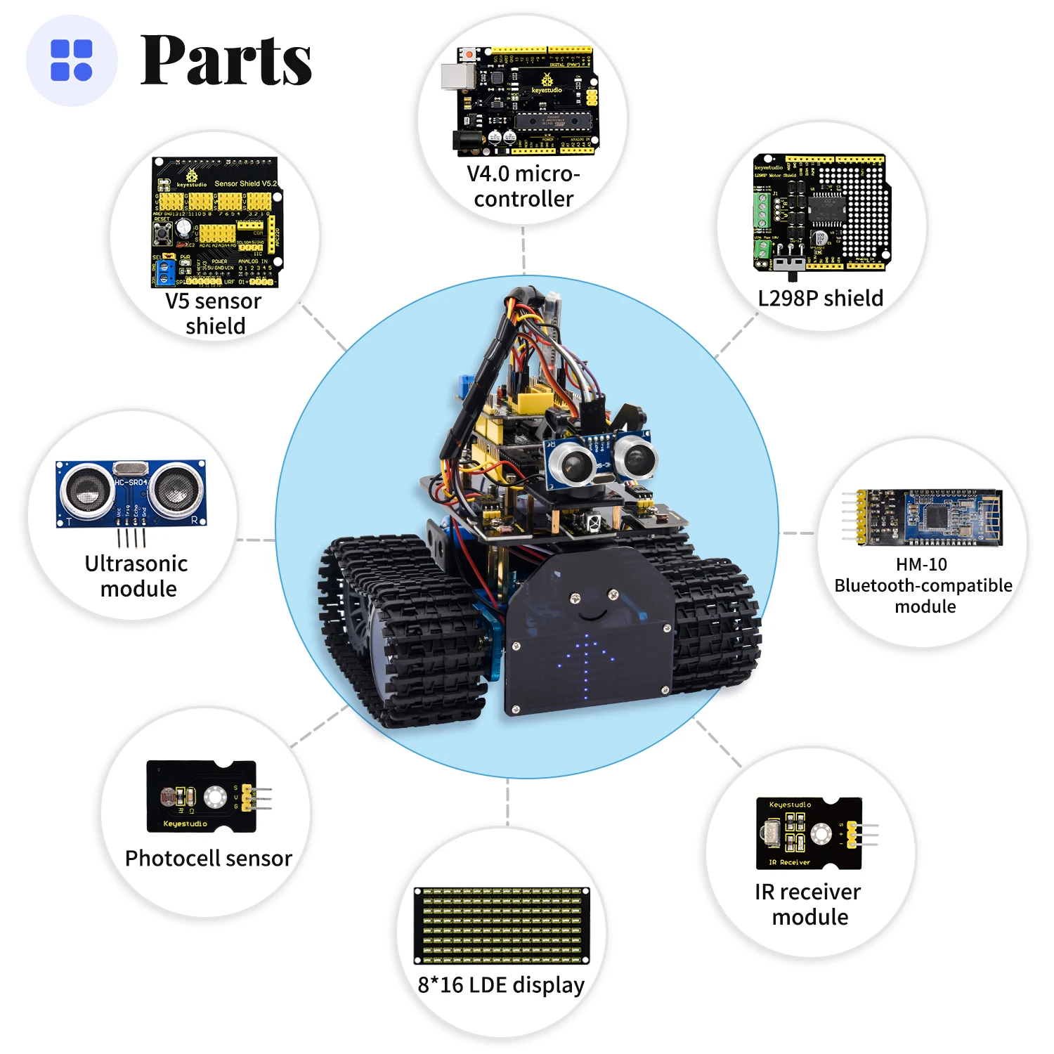 Keyestudio DIY Mini Tank Robot V2.0 Smart Robot Car Kit for Arduino Robot Kit STEM+ 15Projects IOS &Android Control CE Compliant Keyestudio DIY Mini Tank Robot V2.0 Smart Robot Car Kit for Arduino Robot Kit STEM+ 15Projects IOS &Android Control CE Compliant