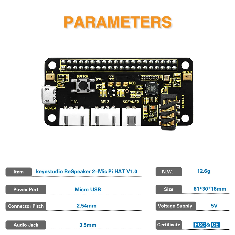 2PCSKeyestudio 5V ReSpeaker 2-Mic Pi HAT V1.0 Expansion Board For Raspberry Pi 4B/3B+/3B CE Certification